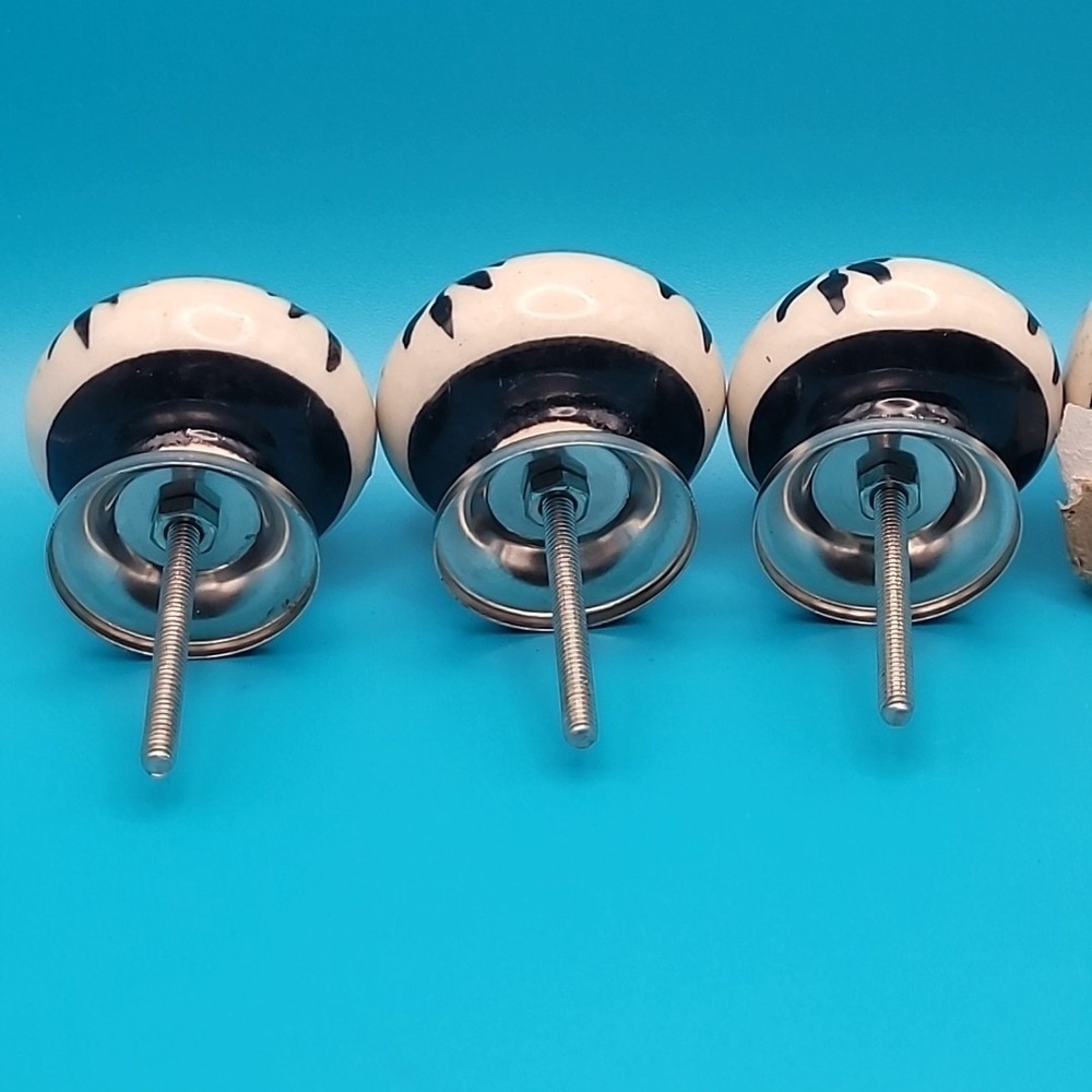 Set of 5 White Black Ceramic Leaf Drawer Knobs Cabinet Pulls Boho Farmhouse - Picture 9 of 11